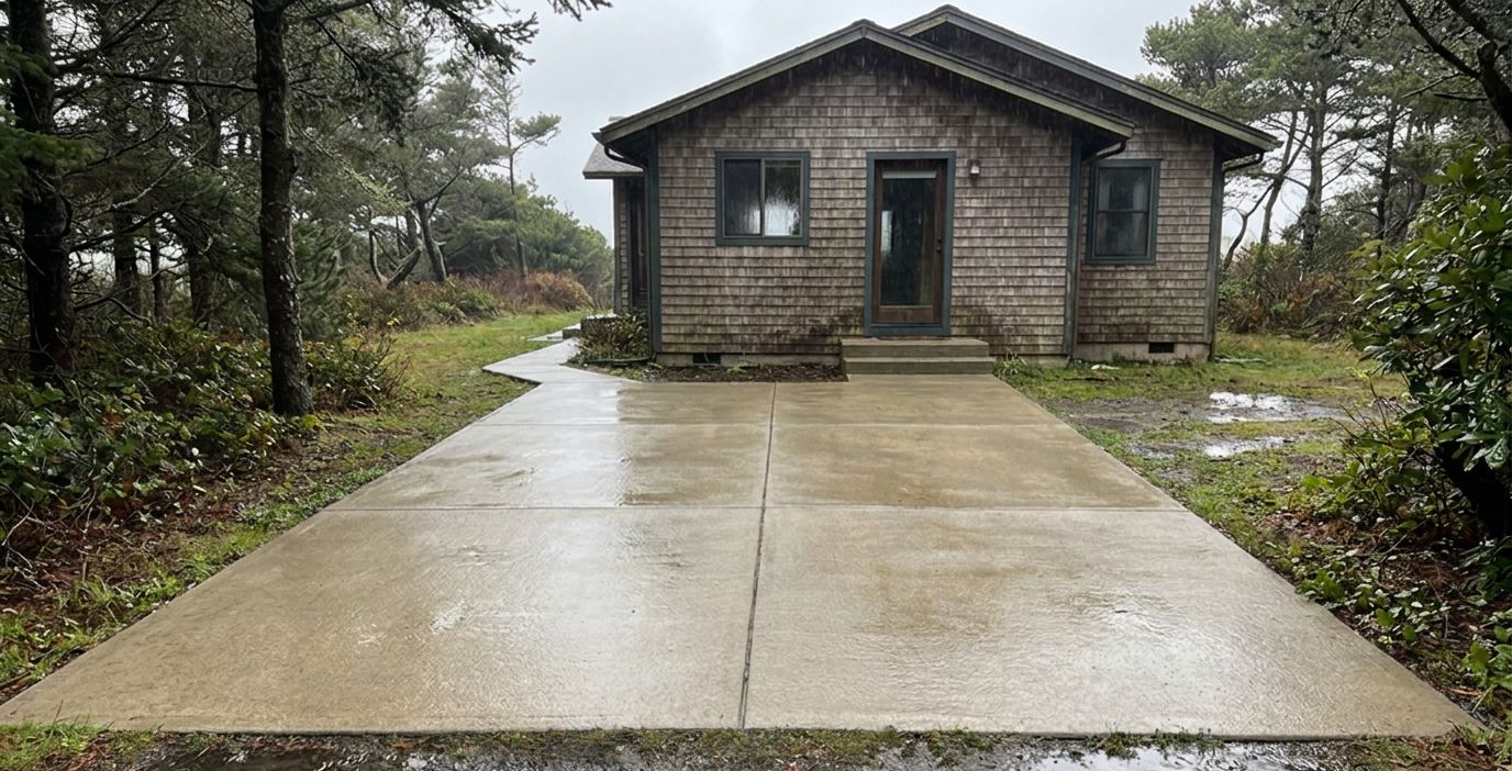 A freshly cleaned concrete driveway in front of a cedar-shingle coastal home after pressure washing.
