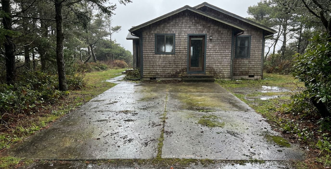 Driveway before cleaning: concrete darkened with grime, algae, and moss.