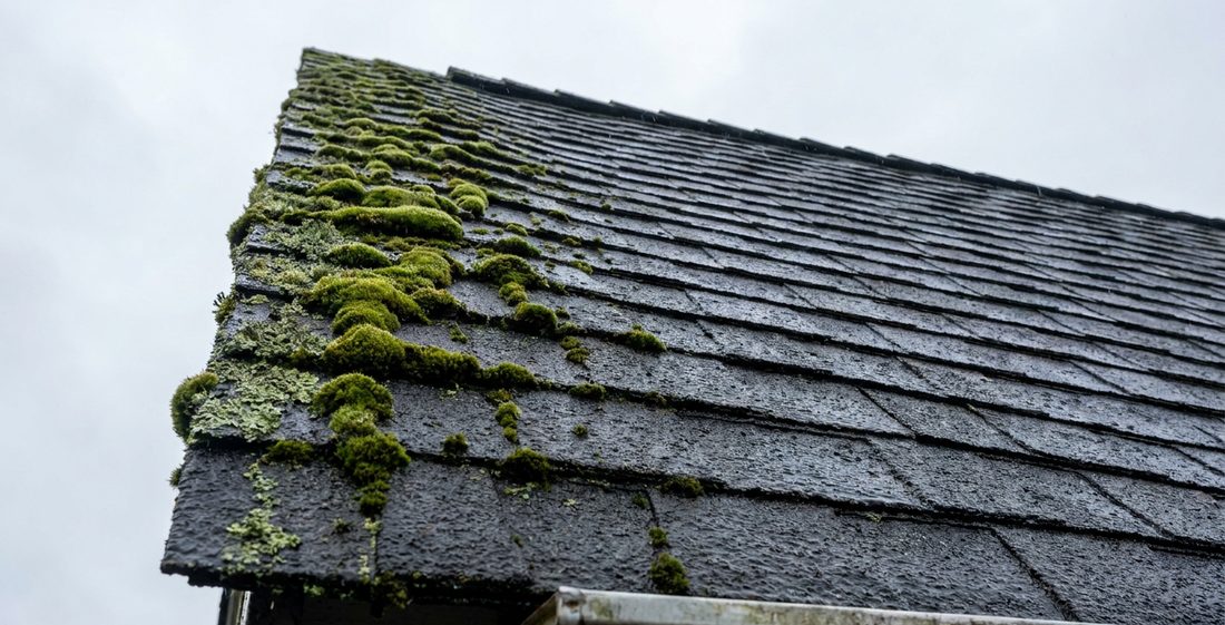 Dark asphalt roof shingles thick with green moss on a coastal Oregon home, ready for a soft-wash treatment.