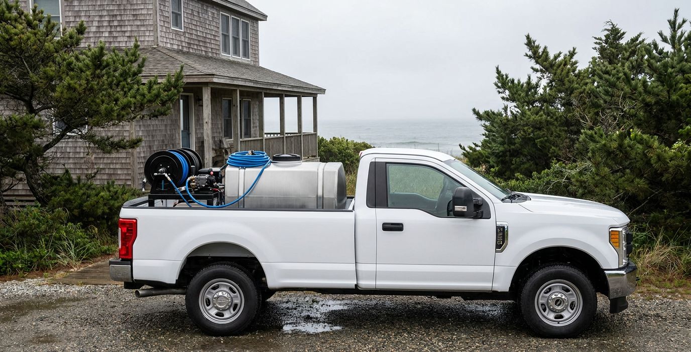 The Whitewater Wash Co. work truck with a pressure-washing rig in the bed, parked by a coastal home near the ocean.